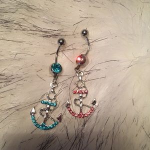GORGEOUS BLING BLUE & PINK ANCHOR BELLY RING 2PK